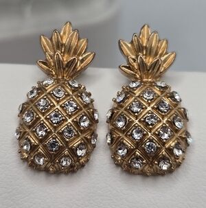 Gold Tone Pineapple Stud Earrings Pave Crystal J.Crew